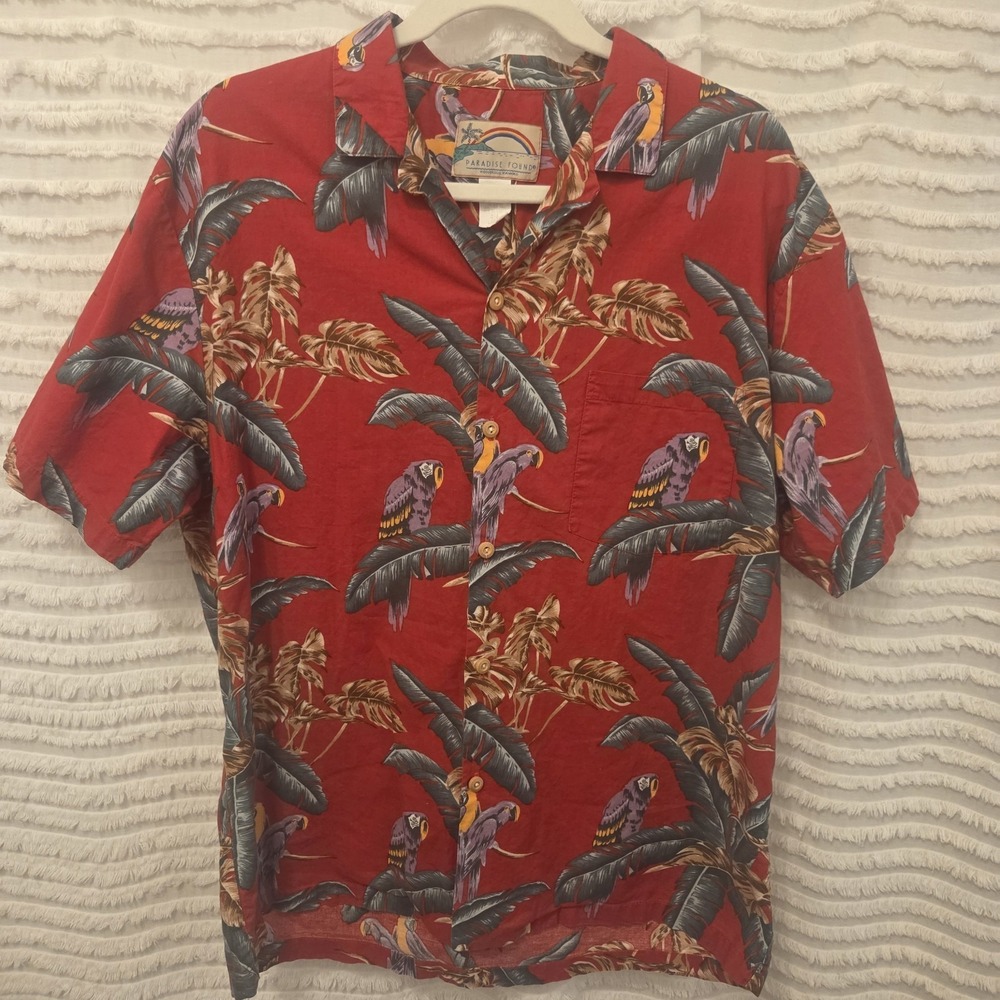 Paradise Found Hawaiin Mens L  Parrot Tropical Rayon Button Up Shirt Magnum PI